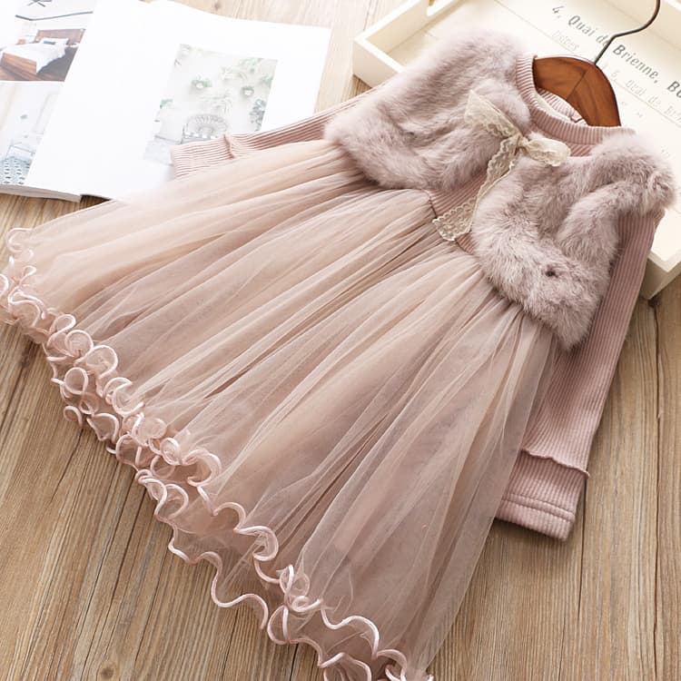Girls velvet dress winter new long-sleeved gauze princess dress baby girl fashionable versatile imitation mink velvet skirt