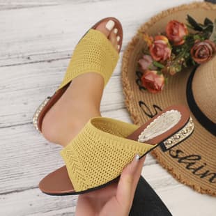Low Heel Sandals Slippers Women 2026 Summer New Korean Style Knitted Outdoor Wear One-Band Fashion Women's Sandals Slippers