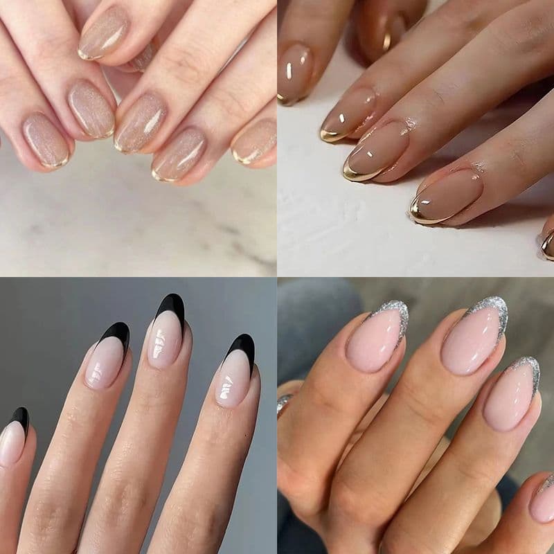 New Cross-Border Nail Tips European and American Style Classic French Glitter Medium Oval Press-On Nails Wholesale