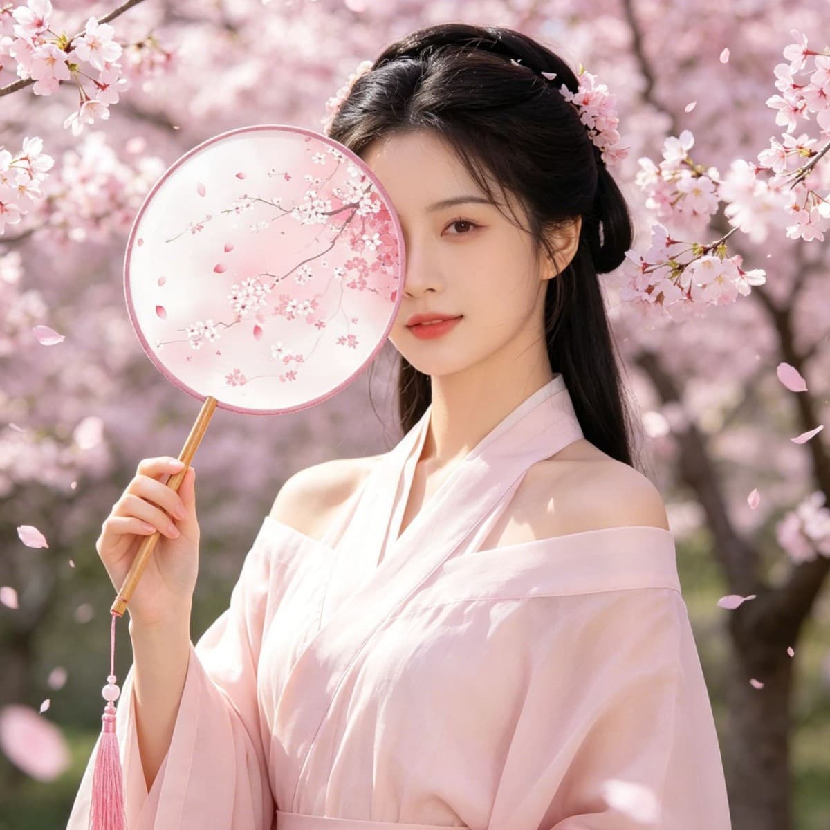 Round Fan Ancient Style Fan Hanfu Summer Dance Fan Long Handle Silk Vintage Small Round Fan Double-Sided Custom