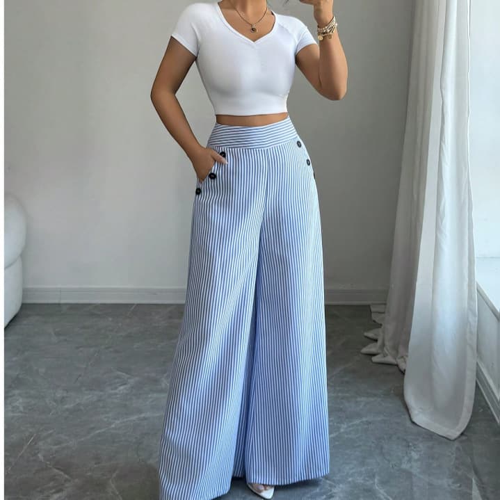 2026 European and American Cross-Border Blue and White Striped Wide-Leg Pants for Women, High-Waist Double-Breasted Style with Draping Floor-Length Casual Trousers Wholesale