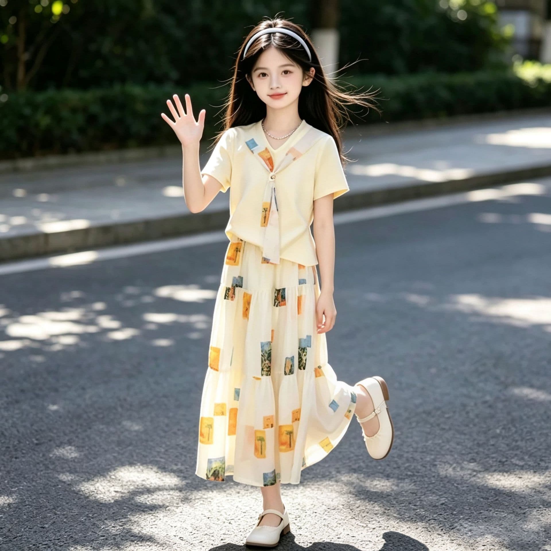 Summer new oil painting print suit girls skirt casual age-reducing short-sleeved top high-waisted skirt two-piece set