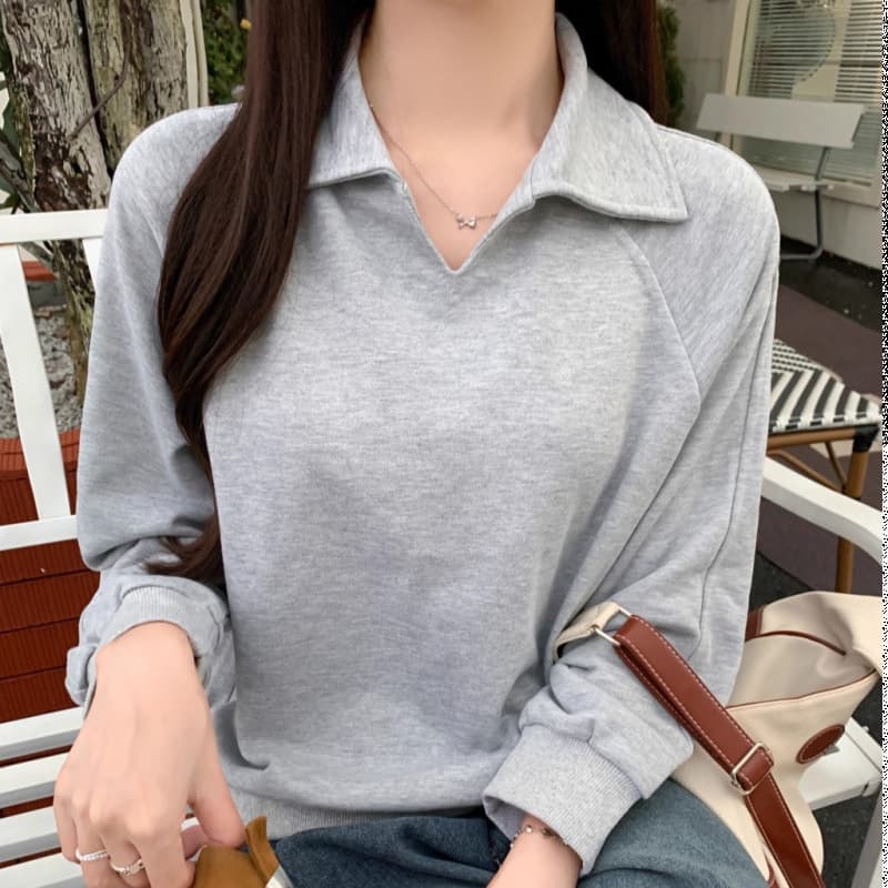 Korean Chic Autumn Trendy Hoodie for Women, Slim Fit Petite Notch Collar Top, Fashionable Versatile Long Sleeve T-Shirt
