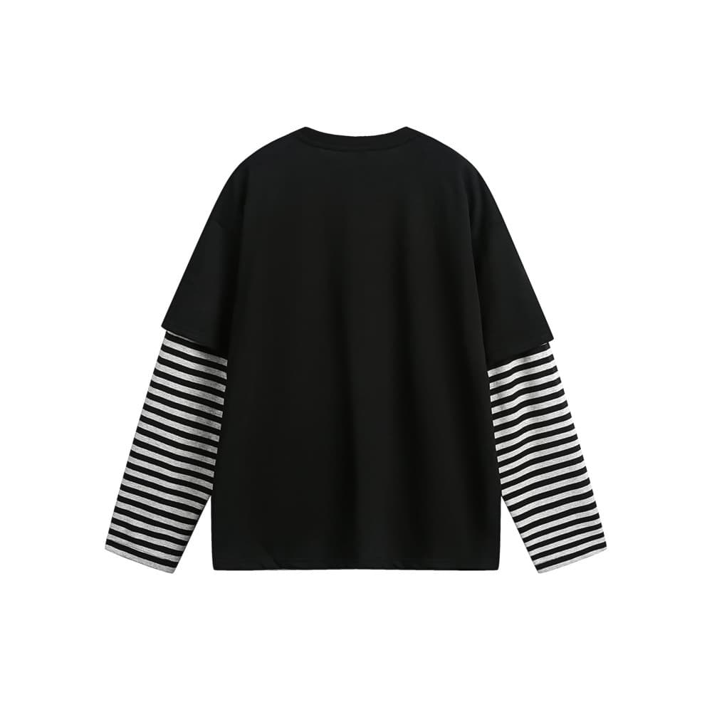American Retro Men's T-Shirt Crew Neck Long Sleeve Fake Two-Piece Print Striped New Loose Streetwear Men's Shirt