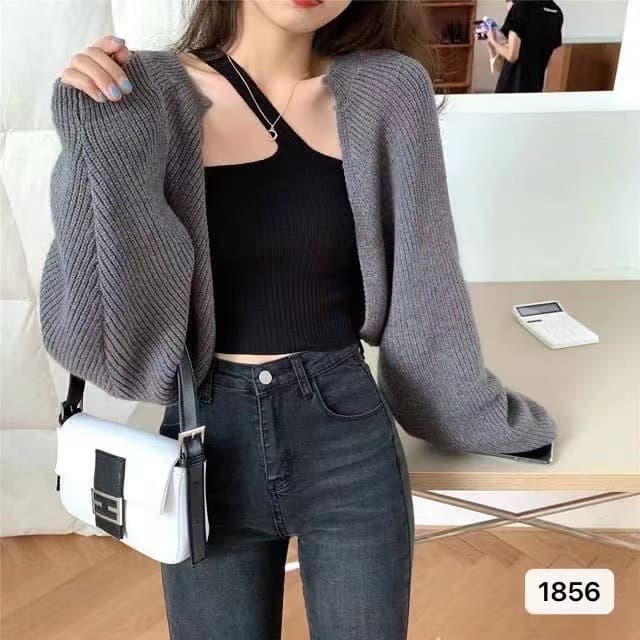 New Autumn Casual Loose Short Lantern Sleeve Sweater Cardigan for Women Long Sleeve Knit Top
