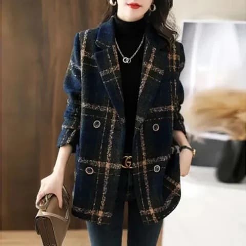 Plus Size Women's Clothing 2024 Winter New Fashion Korean Style Slimming Retro Plaid Patchwork Wool