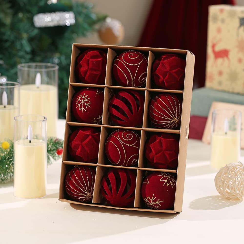 New Flocked Christmas Ball with 3D Hollow-Out Christmas Tree Hanging Ornament Gift Box, Christmas Window Display Decoration Hanging Piece