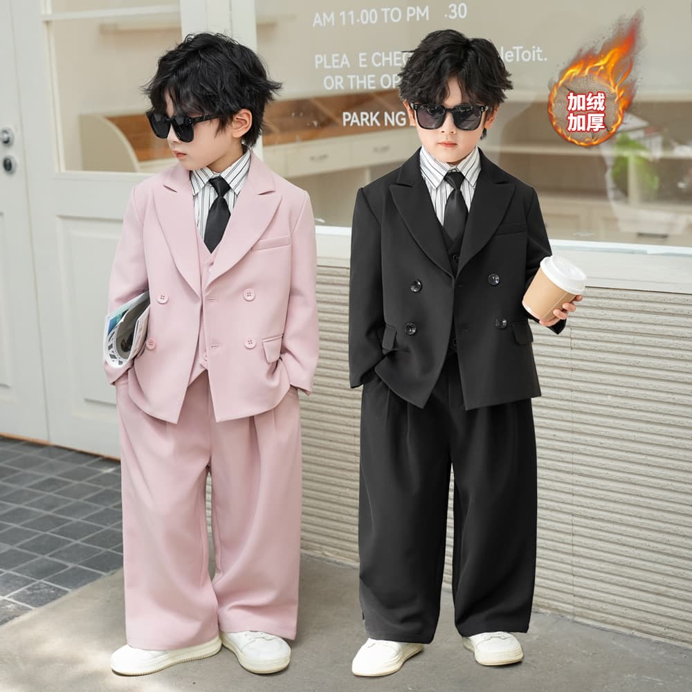 Boys' Suit Formal Wear British Gentleman Pageant Performance Outfit, Small/Medium Kids Winter Warm Fleece-Lined Suit Set with Drop Shipping
