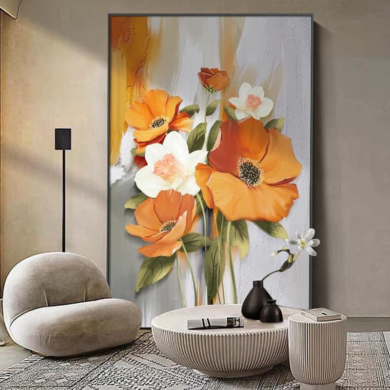 Modern Light Luxury Floral Living Room Decorative Painting, Simple and Elegant Sofa Background Wall Floor Painting, High-End Entryway Hanging Art