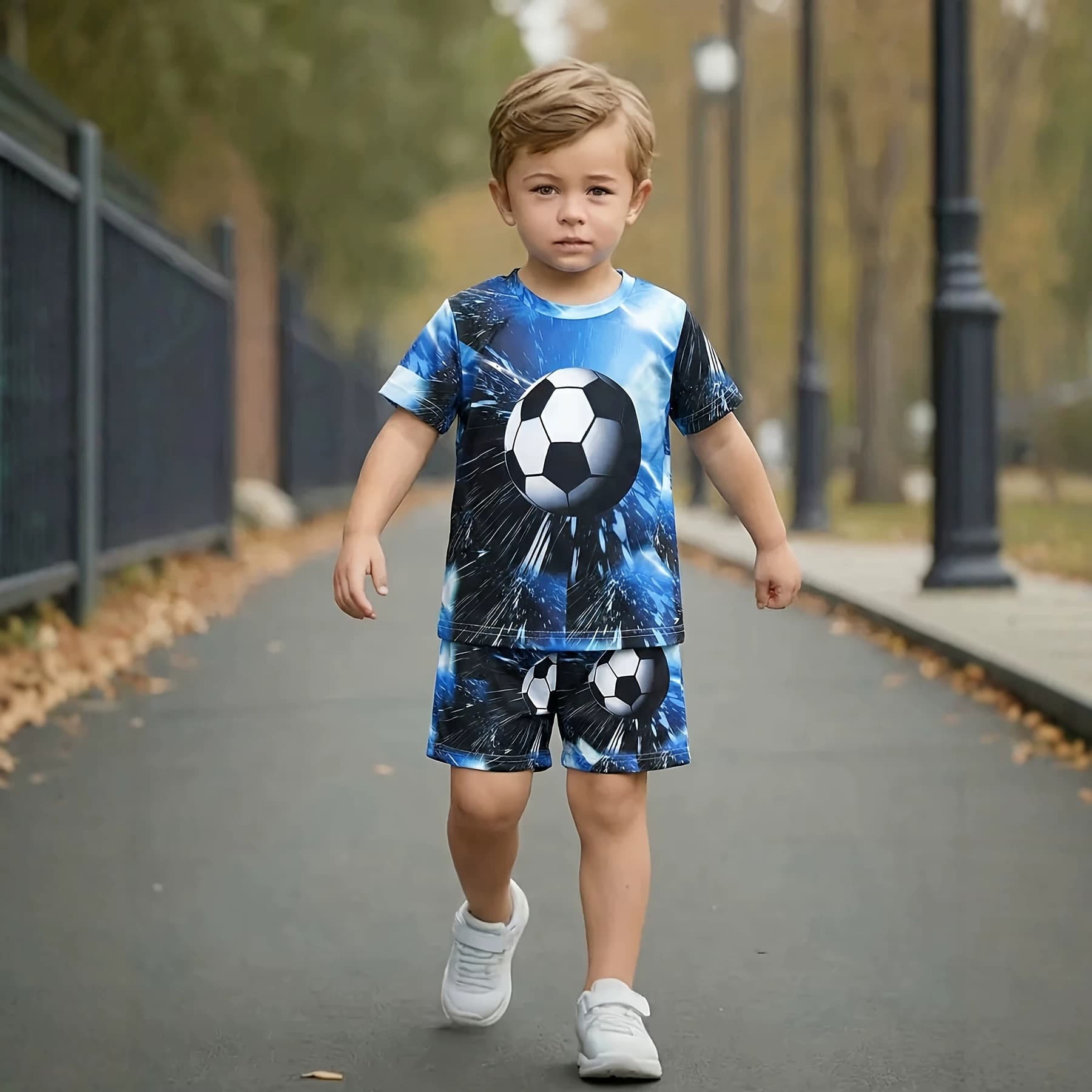 Cross-border INS small and medium-sized children's summer style round neck pullover football print short-sleeved top shorts casual suit