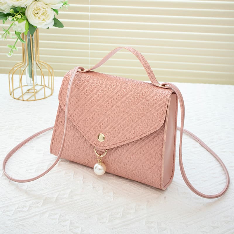 2024 new style women's small fresh fashionable simple one-shoulder cross-body bag large capacity solid color pearl pendant small square bag