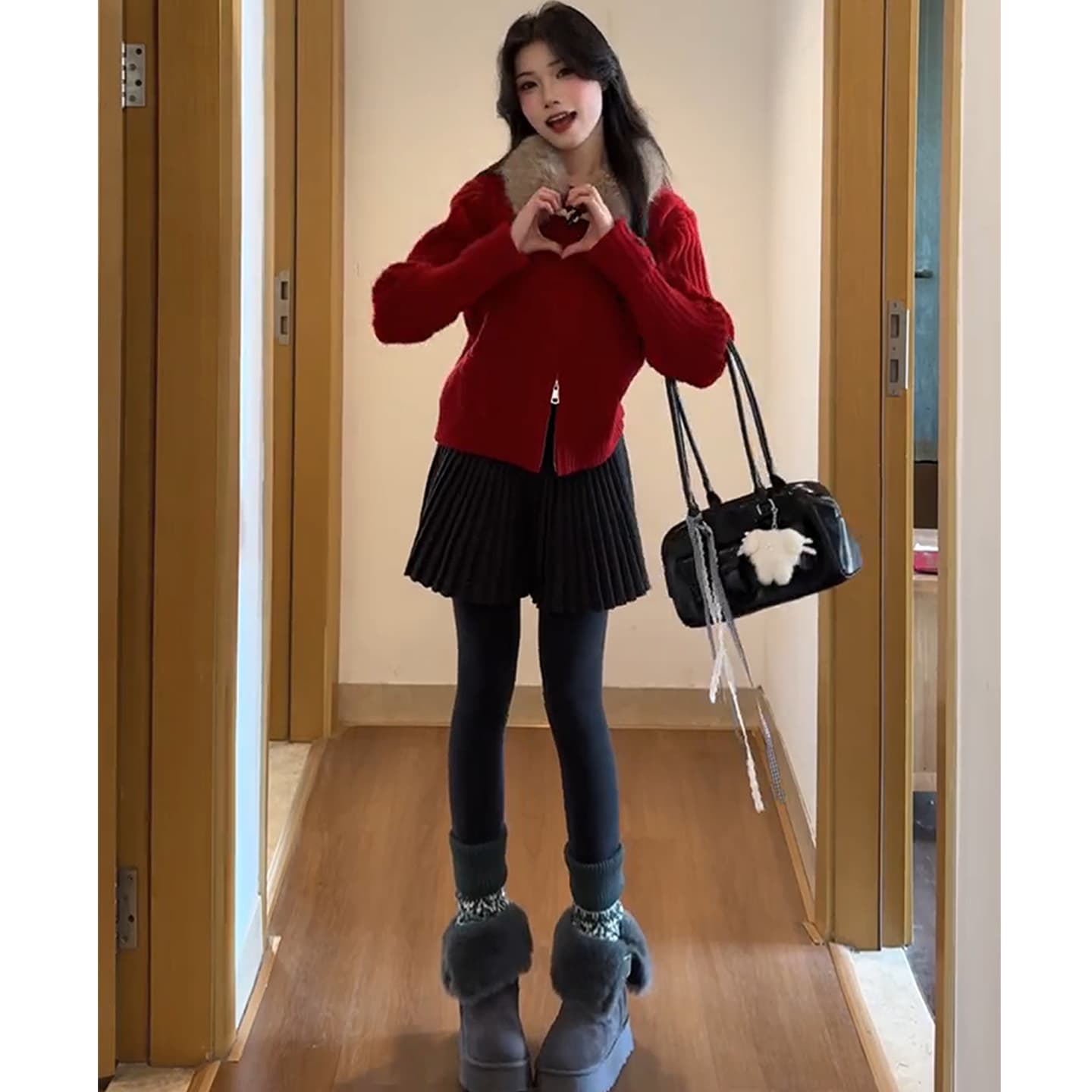 Dark Gray Wool Skirt for Women Spring New High-Waist Loose A-Line Midi Pleated Skirt