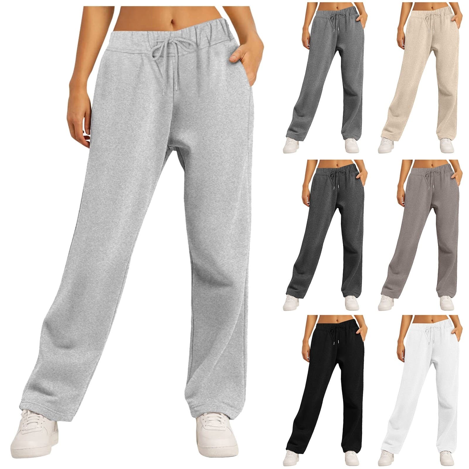 Amazon's new side pocket elastic waist pants with rope solid color straight wide leg fleece thickened sweatpants