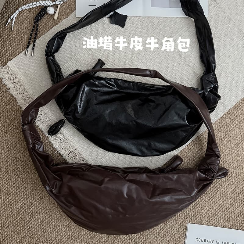 French Waxed Leather Croissant Bag, Lazy Style, Genuine Leather Women's Dumpling Bag, Pleated Shoulder Crossbody Bag