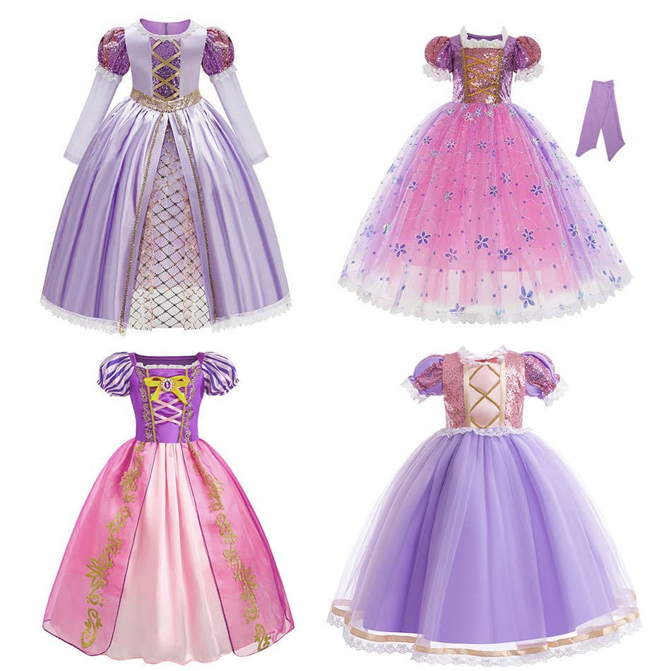 European and American Best-Selling Rapunzel Princess Dress with Large Gold Bow, Puffy Tulle Skirt, Lace Purple Gown