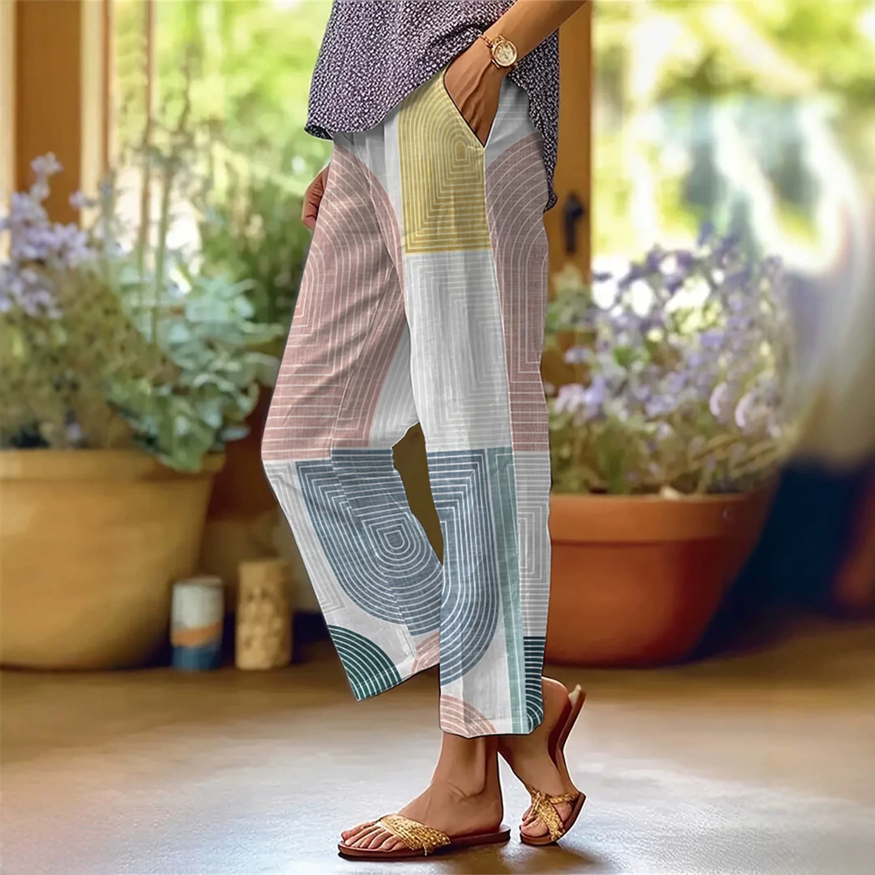 European and American cross-border women's retro green leaf floral green plant flower nine-point pants linen breathable straight casual pants factory