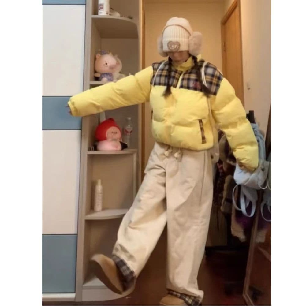 American Style Pink Plaid Patchwork Puffer Coat for Women, Winter Short Versatile Thickened Warm Super Cute Quilted Jacket