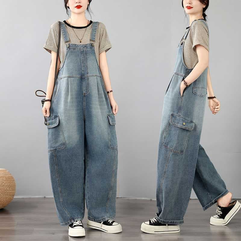 2026 Early Autumn New Korean Style Plus Size Loose Denim Bib Overalls for Women