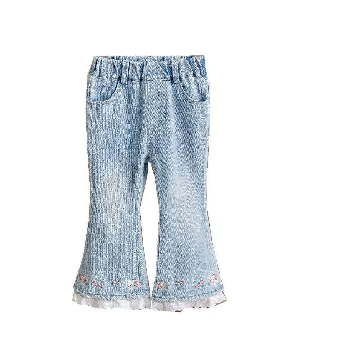 2026 new autumn girls Korean style sweet embroidered jeans girls micro-flare stitching lace jeans
