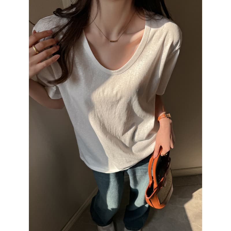 Snowflake Cotton Korean Style Women's V-Neck Loose Fitting Short Sleeve T-Shirt, High-End Casual Solid Color Top for Outerwear