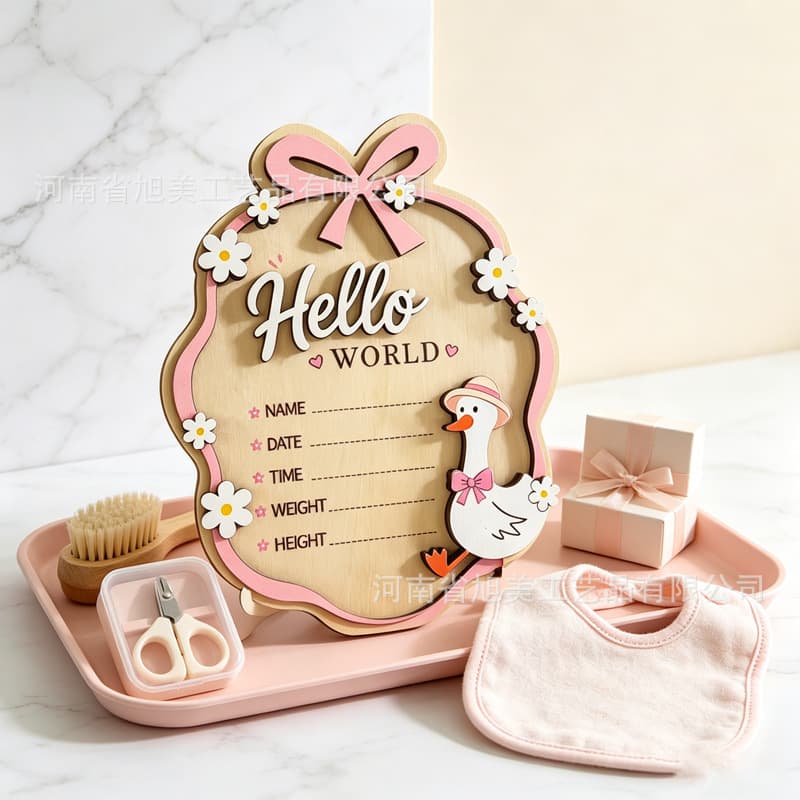 Wooden baby birth commemorative plaque Hello World Newborn photo props Wooden growth milestones
