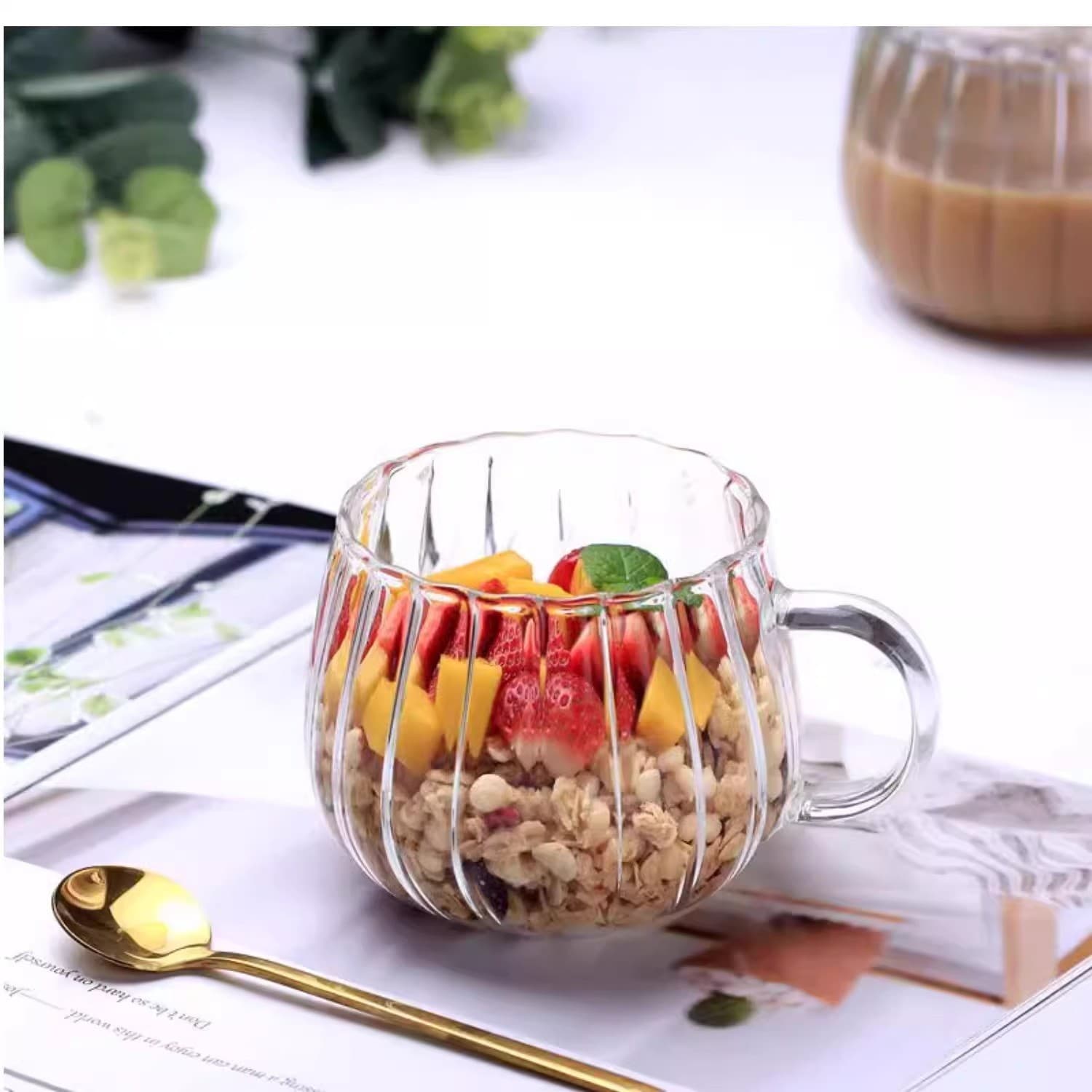 Pumpkin oatmeal cup glass water cup high borosilicate heat-resistant glass cup big belly vertical pattern cup household coffee cup milk tea cup