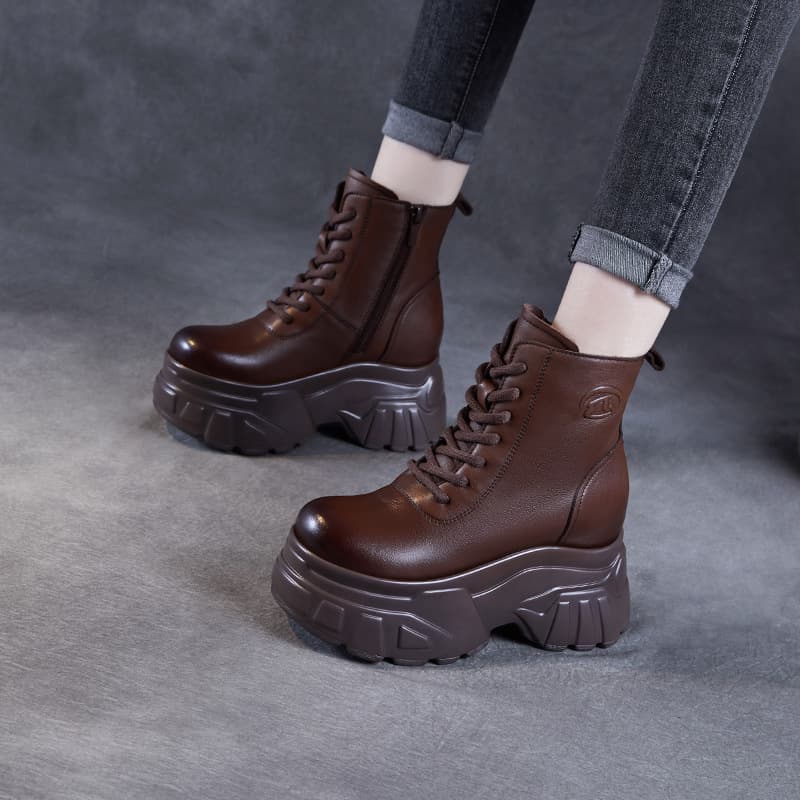 Top Grain Leather Retro Platform Martin Boots Women 2024 Autumn/Winter Petite Inner Height Increase Handmade Original Ankle Boots