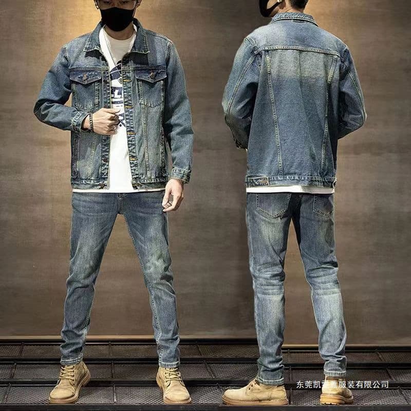 Spring/Autumn Denim Suit for Men, Retro Korean Style Trendy Jacket, Classic Denim Coat and Pants Two-Piece Set