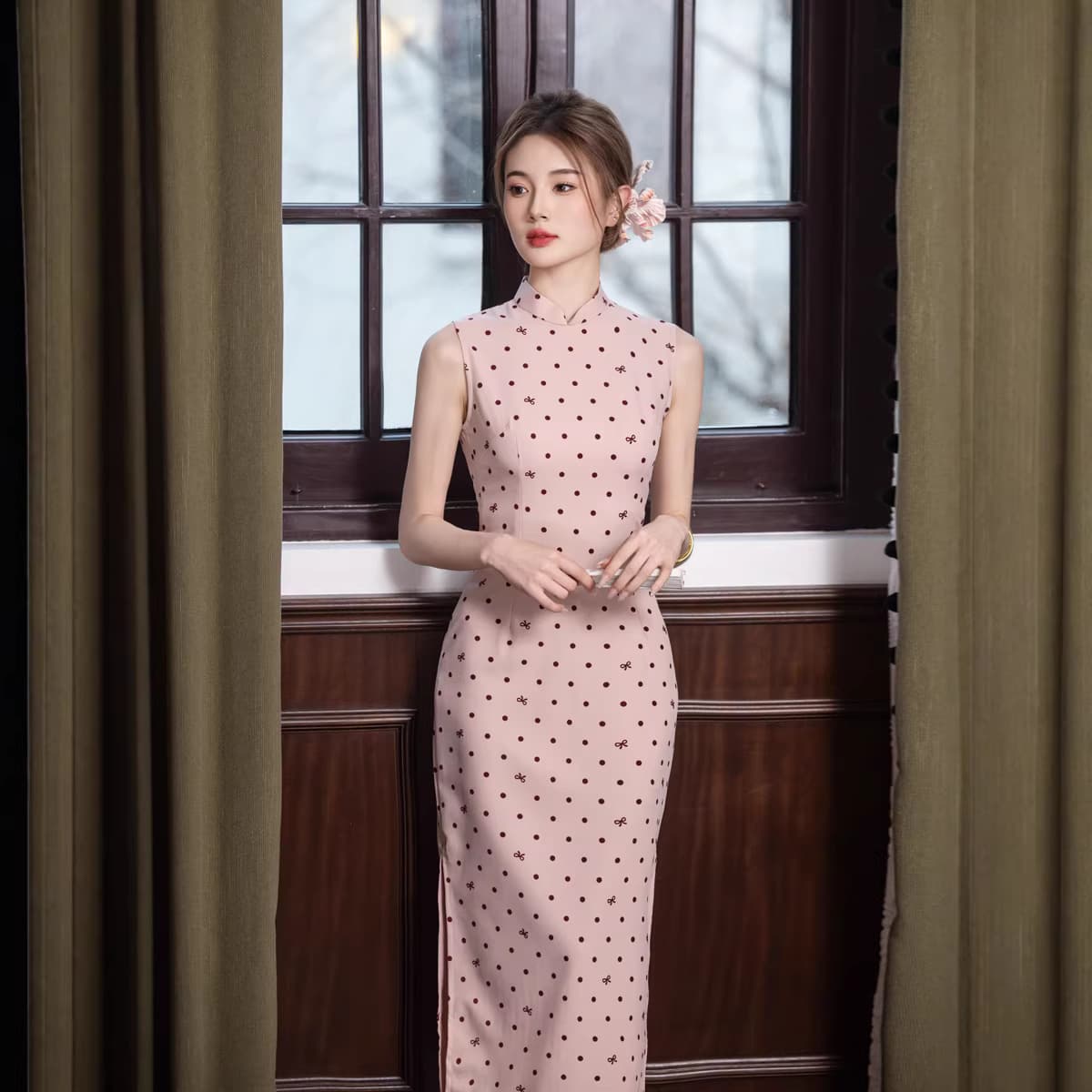 New Chinese Style Young Women's Beautiful Pink Cheongsam Dress with Polka Dot Print for 2026 Summer Daily Wear