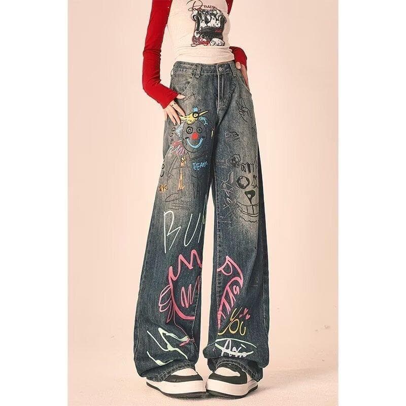 American Graffiti Print Straight Leg Jeans Women's High Street Loose Wide Leg Floor-Length Trendy Trousers Spring Cotton