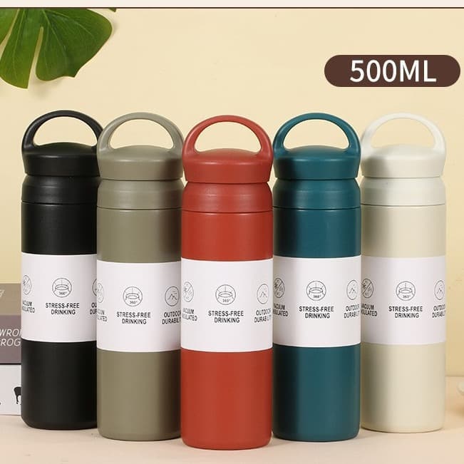 Japanese-style straight-body vacuum flask with handle, Harajuku cup, 304 stainless steel, coffee thermos, flat lid