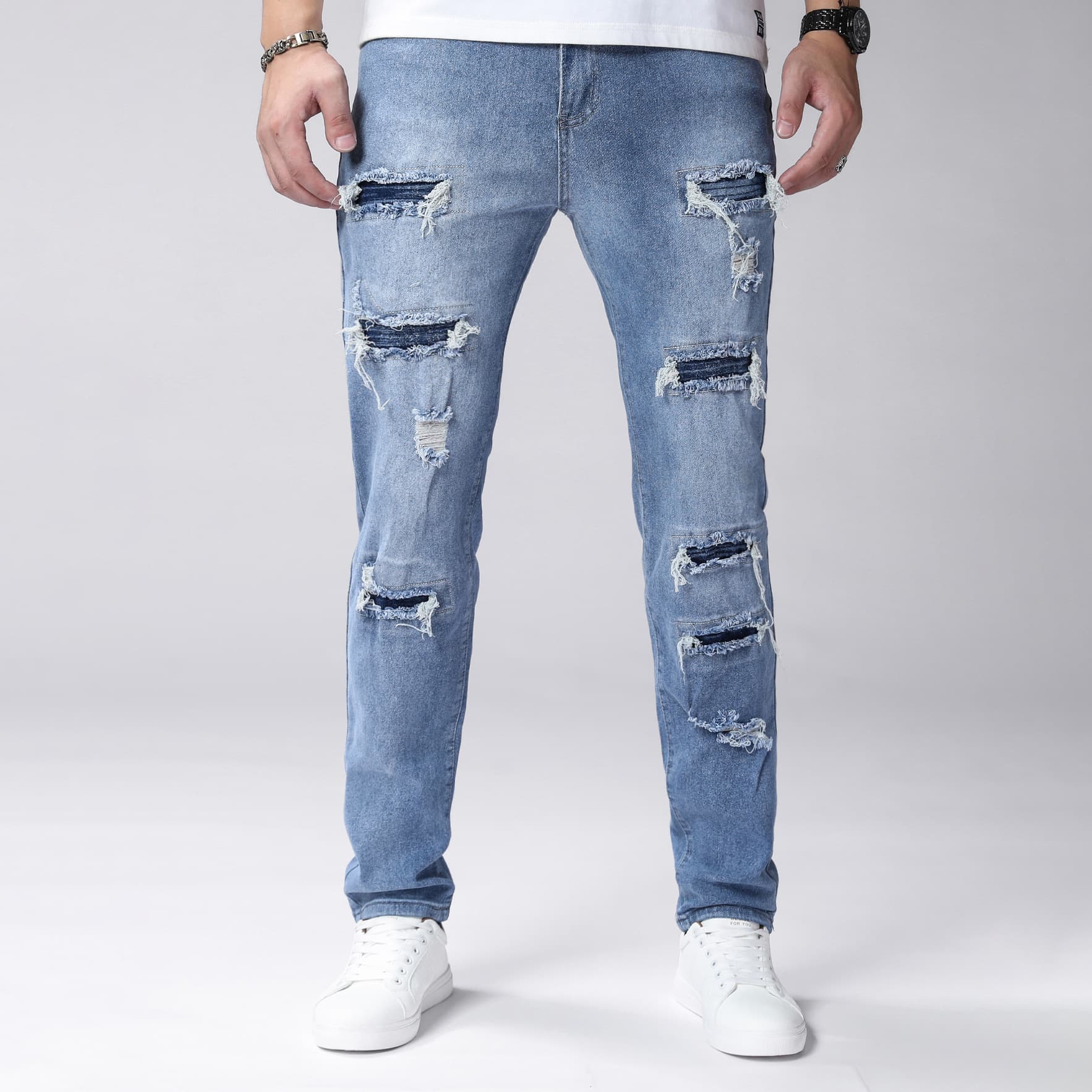 Foreign order cross-border temu European goods men's jeans elastic ripped holes slim fit small feet washed casual men's trousers