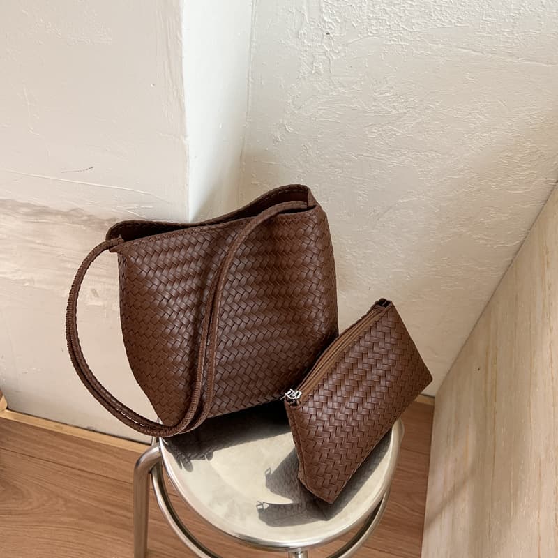 Woven Texture Handheld Bucket Bag Women's Mother-Child Bag Fashionable Underarm Shoulder Bag Maillard Retro Shoulder Bag