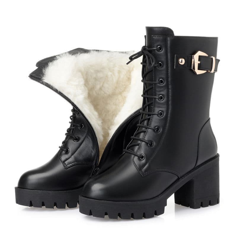 Women's Winter Mid-calf Boots Fleece-lined Thick-heeled Martin Boots High Heels Leather Shoes Cotton Shoes