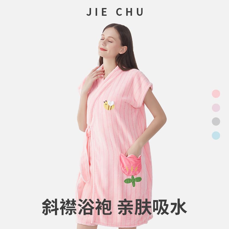 Coral Velvet Bathrobe Embroidered Women's Nightgown Cute Bath Skirt Thickened Soft Absorbent Wrapable Home Pajamas Hotel Bathrobe