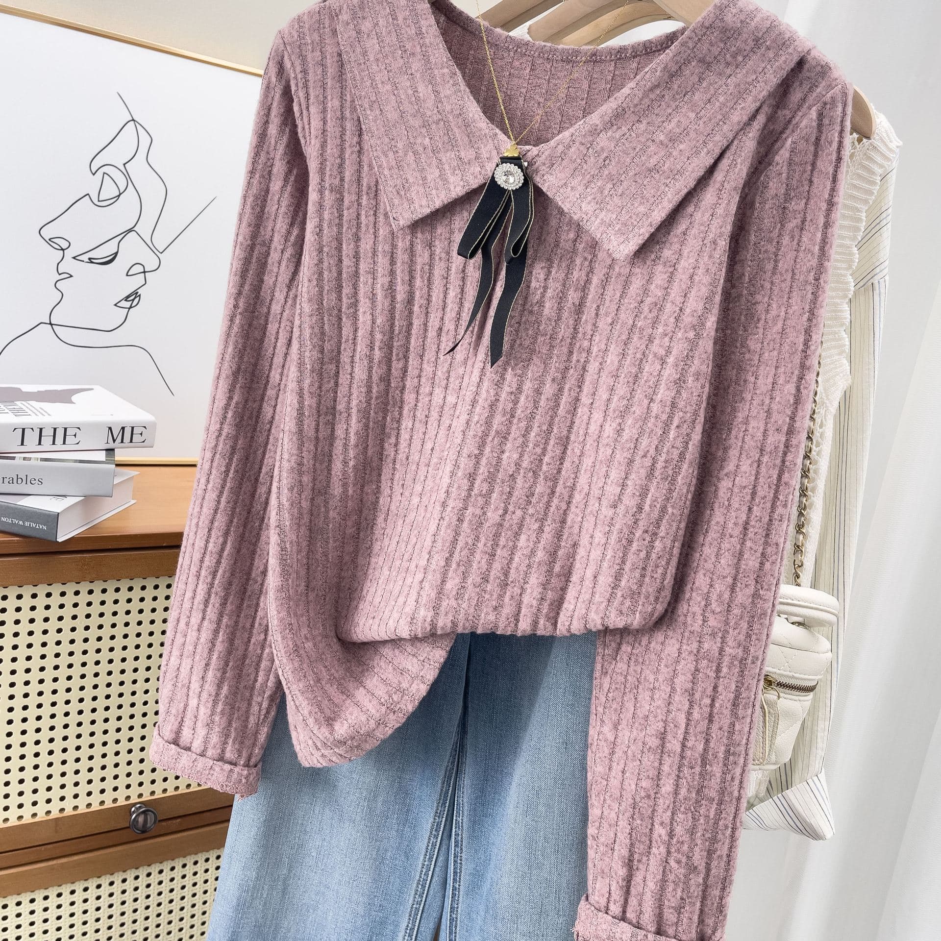 Plus Size Women's Early Autumn Bow Peter Pan Collar Super Cute Top Lightweight Knitted Stretch Spandex Base Layer