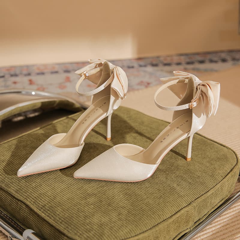 82329【Sheepskin】Women's High-Heeled Shoes, Stiletto Heels, 2026 New Style, Pointed Toe, Single Strap, Elegant Bow-Knot Shoes
