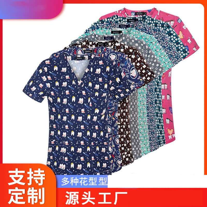 Cartoon printed scrub suit surgical gown nurse uniform women's V-neck short-sleeve T-shirt top surgical gown workwear men's