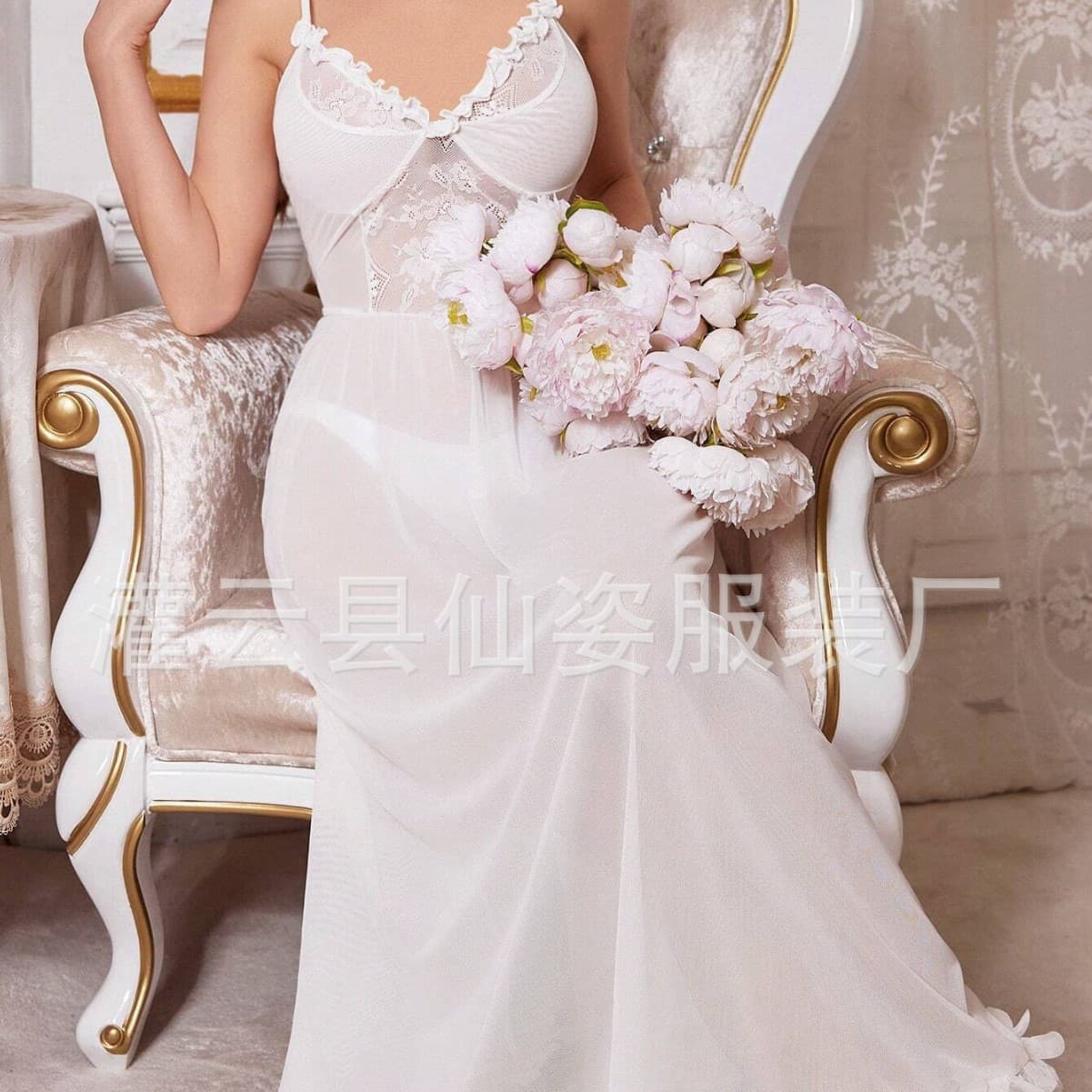 European and American Cross-Border Sexy Lingerie Sleepwear Push-Up Deep V Bow Side Slit Slimming Camisole Nightgown