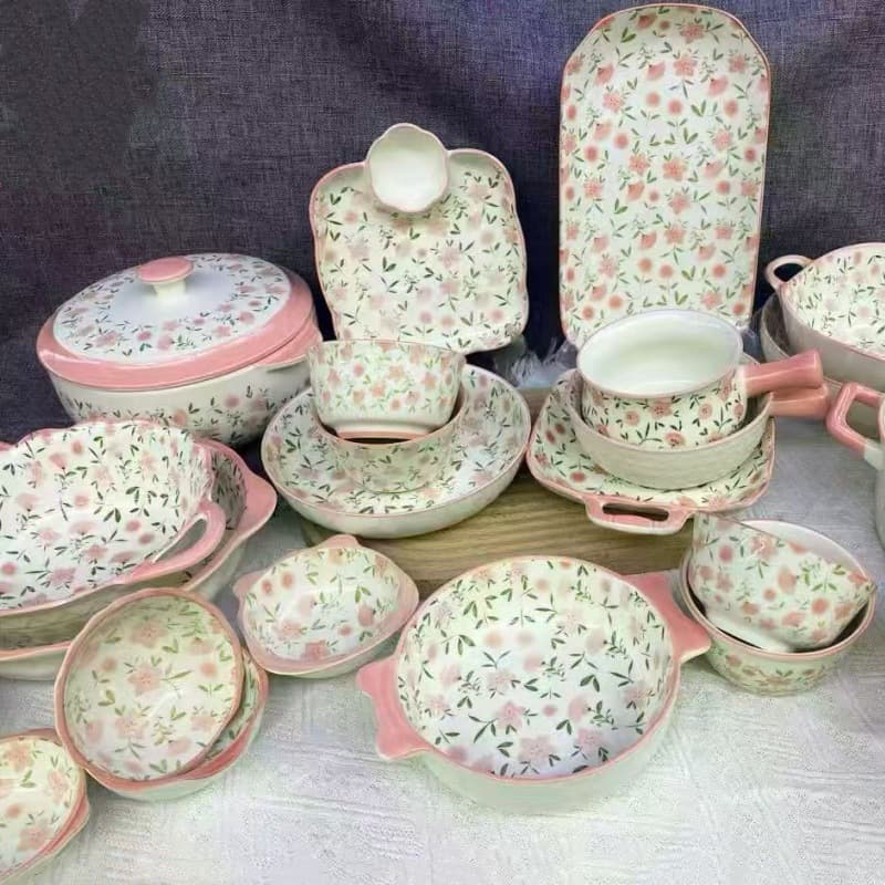 Japanese Retro Hand-Painted Small Flower Ceramic Bowl Household Rice Bowl Noodle Bowl Soup Bowl Popular Creative Tableware Dish Plate Soup Plate