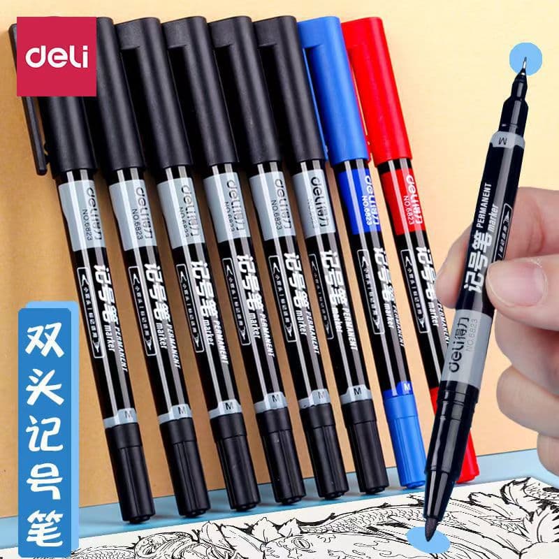 Deli 6823 Small Dual-Tip Marker Pen Fineliner Pen for Art Students Black Oil-Based Fine-Tip Marker