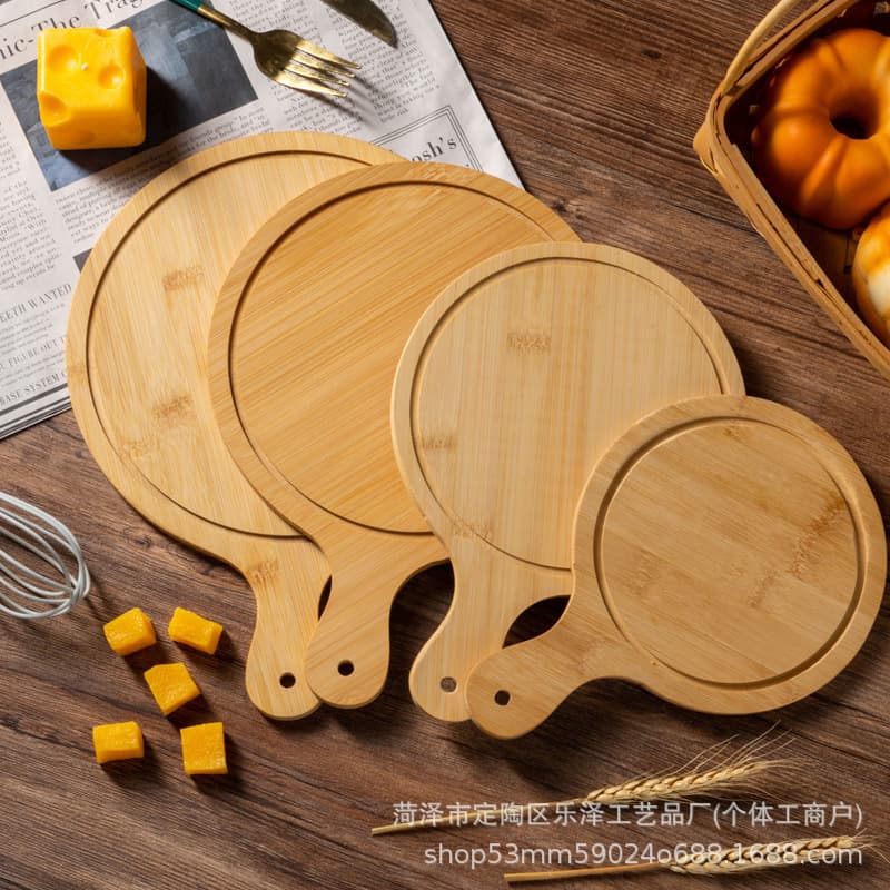 Cross-border Wooden Home Pizza Board Deli Board with Handle Fruit Plate Cutting Board Wooden Round Handle Pizza Tray