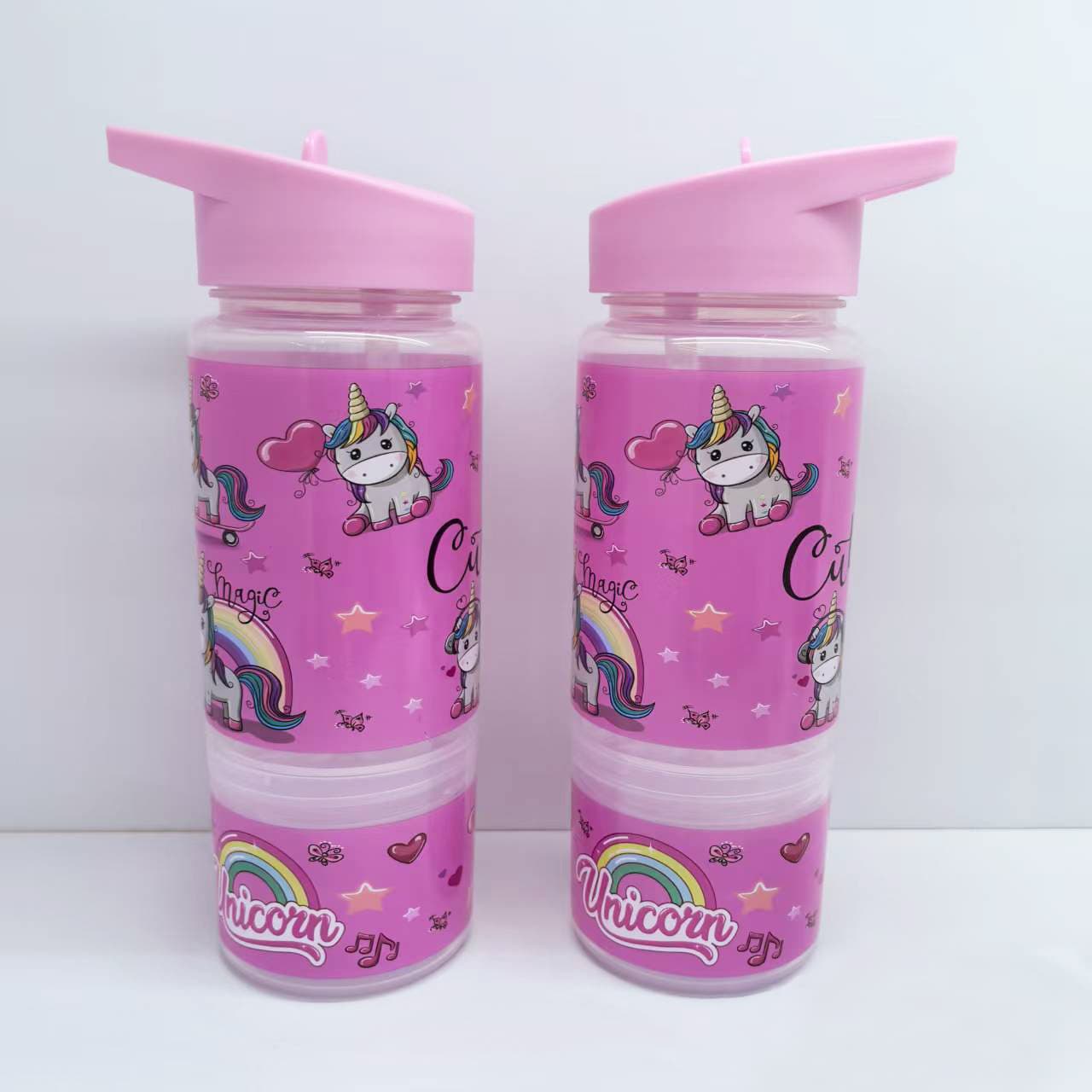 Kids Cartoon Unicorn Straw Cup Portable Dual-Drink Plastic Water Bottle Cute with Lid Leak-Proof