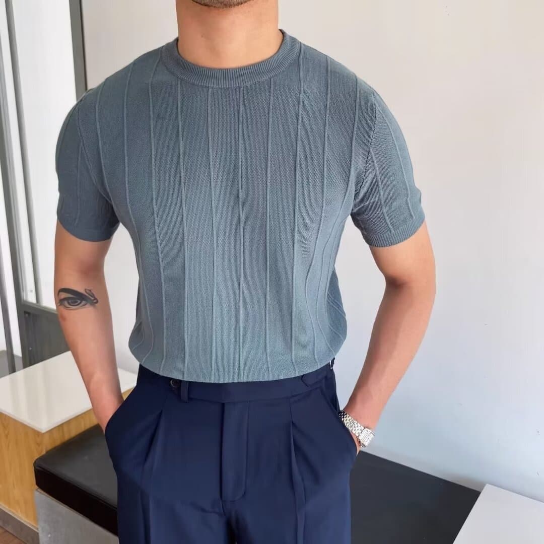 Summer new style knitted short-sleeved men's British light mature style vertical pattern ice silk breathable slim T-shirt top bottoming shirt