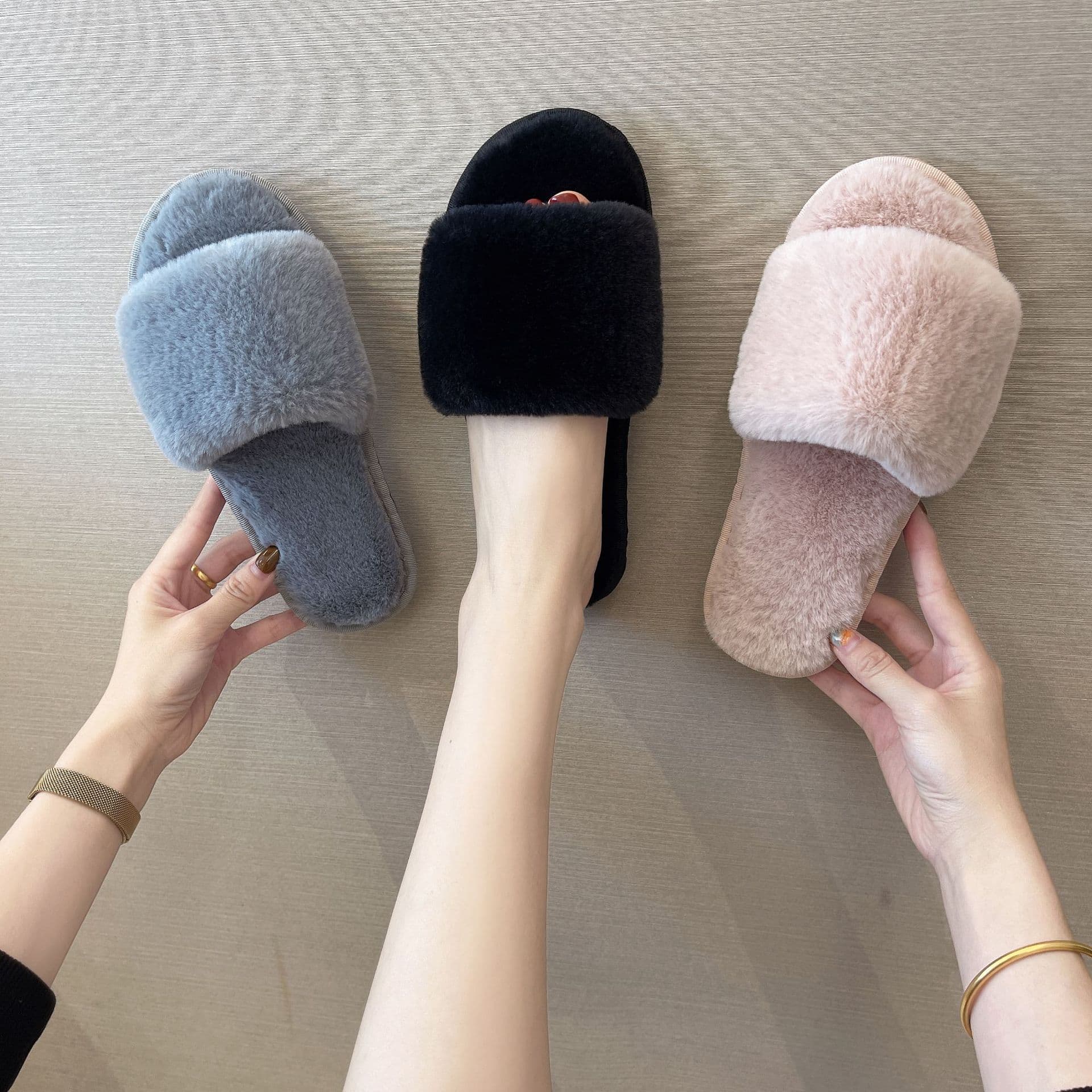 Women's Fuzzy One-Strap Slippers Early Autumn 2020 New Cotton Slippers Home Indoor Fashion Warm Floor Cotton Slippers