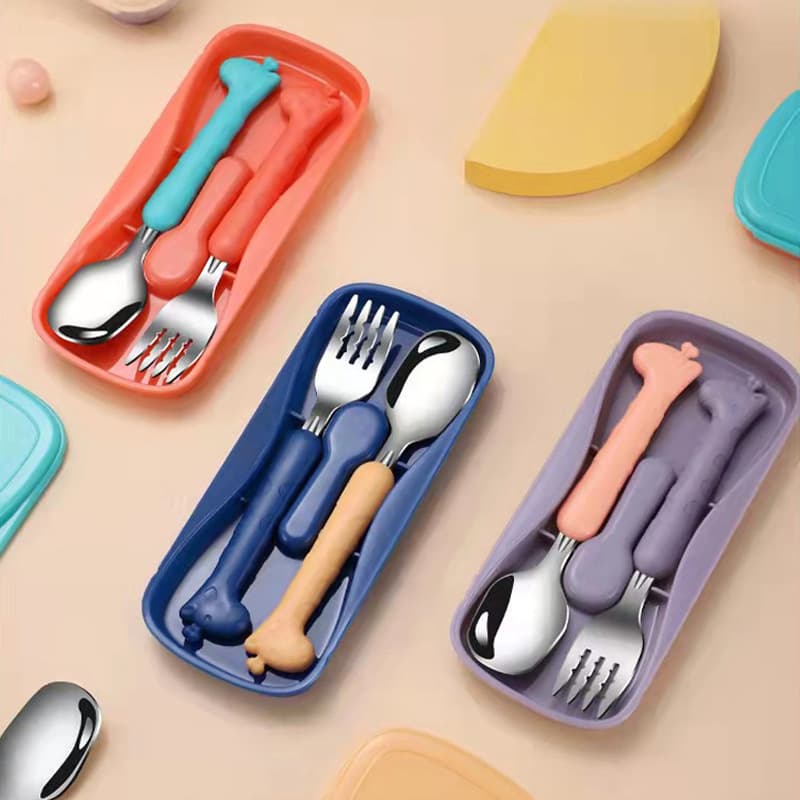 HS children's tableware 304 food grade stainless steel spoon and fork portable set baby eating spoon cross-border certification