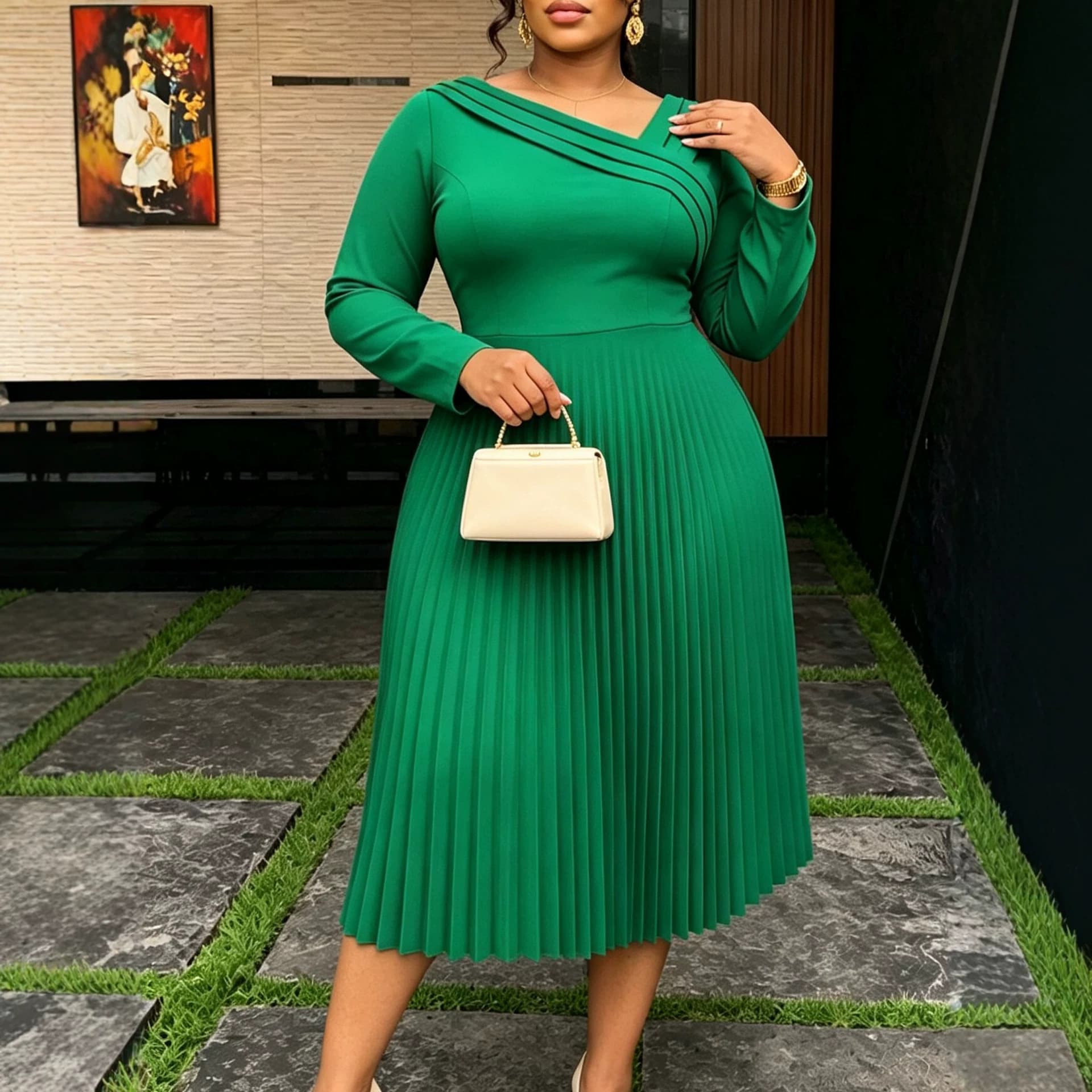 Cross-border plus size women's green oblique stacked shoulder V-neck long-sleeved dress waist-cinched pleated mid-length commuter-style skirt