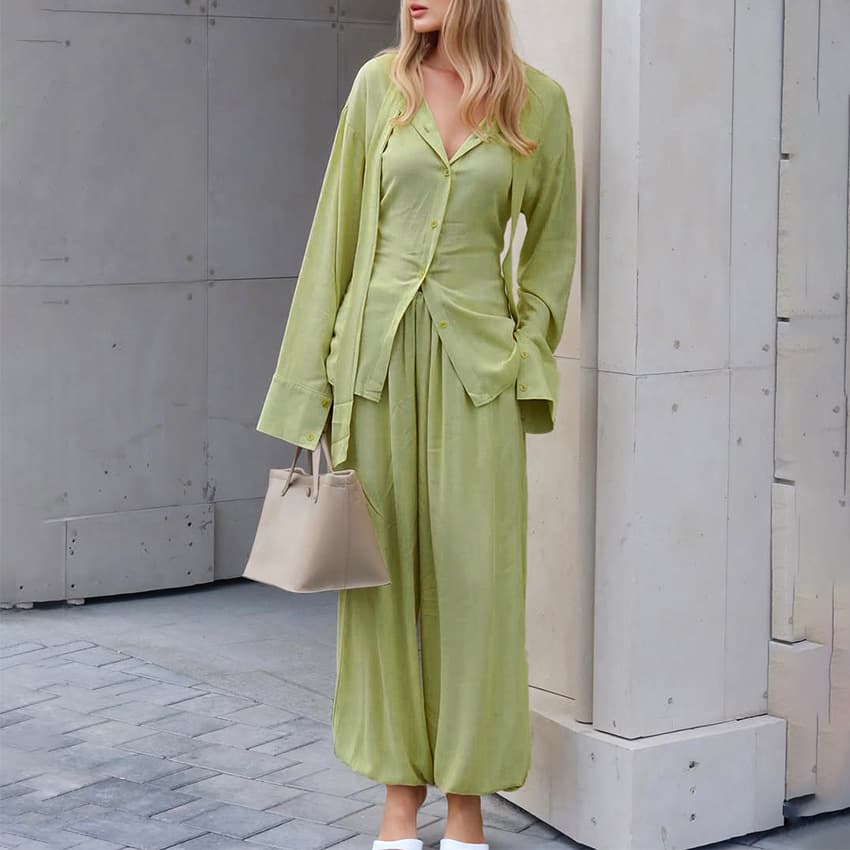 Slim-Fit Lapel Ribbon Long-Sleeve Blouse with Loose Casual Flowing Harem Pants, 100% Cotton Shirt and Trousers Two-Piece Set