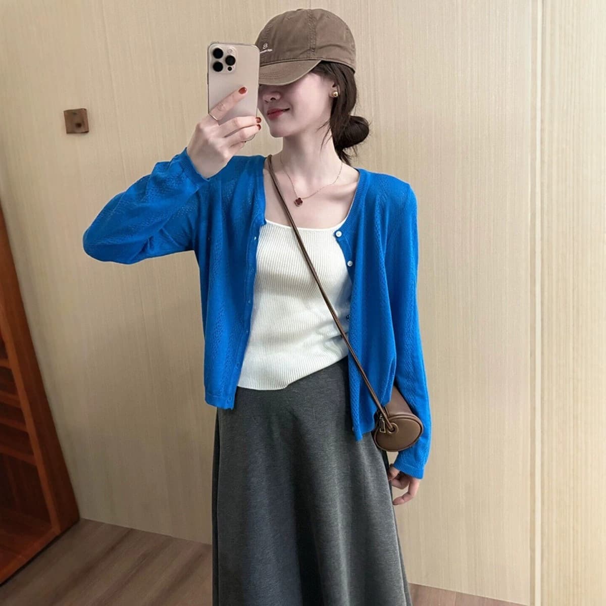 Klein Korean style hollow thin knitted long-sleeved cardigan coat autumn slimming loose short dopamine top