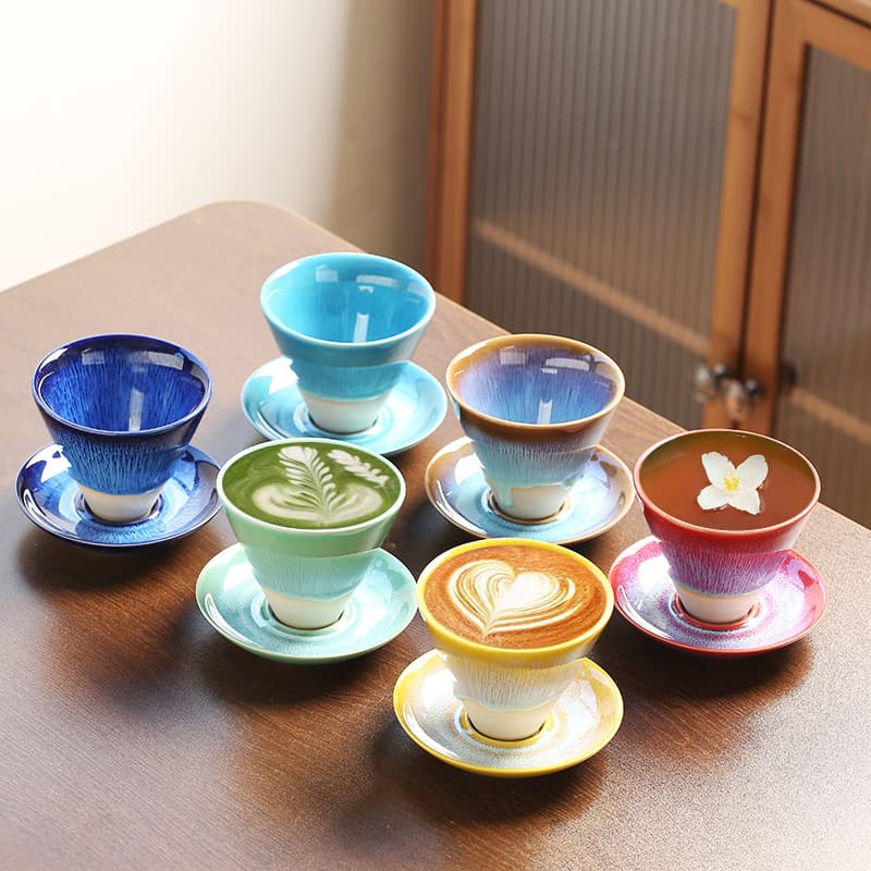 Coffee Cup Commercial High-End Chinese Cup and Saucer Set Creative Kiln-Change Brushed Glaze Restaurant Tea Cup Dessert Cup Mug